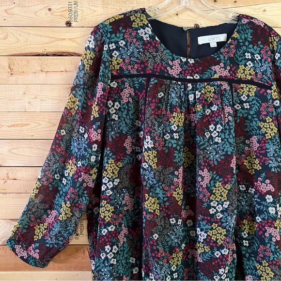 LOFT Wildflowers Print Long sleeve Babydoll Mini Shift Dress Size L - Picture 3 of 13